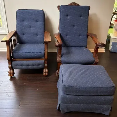 Antique 1920s Solid Oak Hickory Chair Co. "His & Hers" Reclining Morris Chair Set & Ottoman Trio 