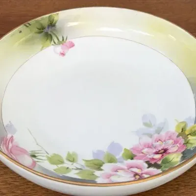 Antique 1891–1921 Nippon Hand Painted Pink Floral Bowl with Gold Handles, Blue Fan Mark