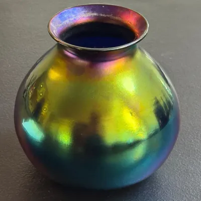 Vintage Hand Blown Iridescent Art Glass Squat Vase Green Purple Oil Slick Favrile Style