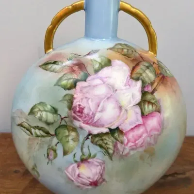 Antique 1907 Haviland Limoges France Hand Painted Pink Rose Moon Flask Vase