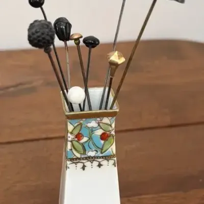 Victorian Nippon Porcelain Hat Pin Holder Stand & Hatpins Maple Leaf Mark