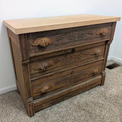 Antique 1800s Eastlake-Style Carved Wood Dresser Feat Ornate Leaf-Carved Pulls w/Refurb Top 