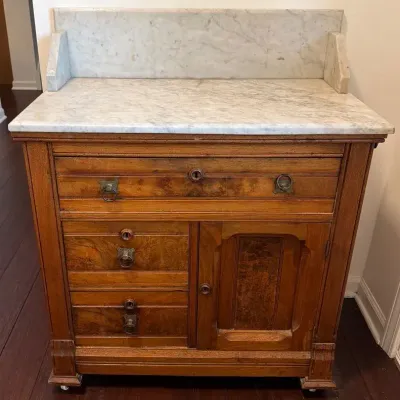 Late 19th Century Eastlake Walnut Burl Commode Cabinet & Marble Wash Stand
