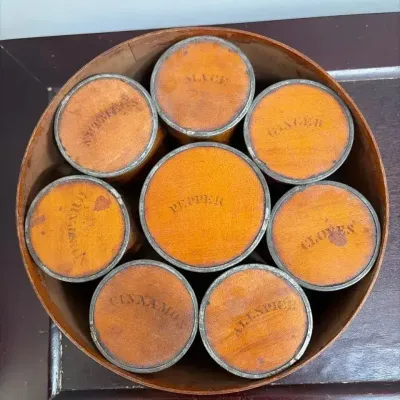 Antique 19th-Century Round Bentwood And Metal-Banded Spice Box Set