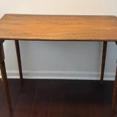 Antique Wood Folding Sewing Table Bamboo Turned Legs With Yardstick Measuring On Top