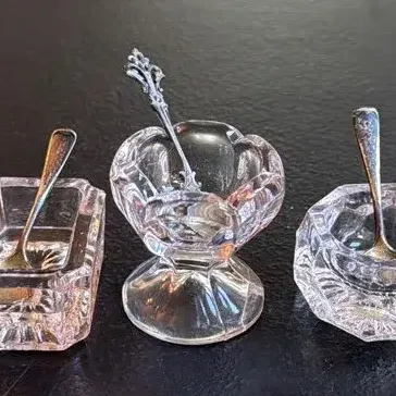 Antique Crystal Cut Glass Salt Dips - Lot of 5 with 4 Sterling Spoons & 1 Coin Spoon