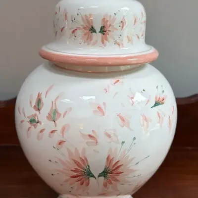 Vintage Italian Ceramic Ginger Jar Hand-Painted Peach Floral Urn w/Lid