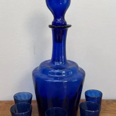 Vintage Italian Style Cobalt Blue Glass Decanter with Stopper, Mid Century Modern Barware