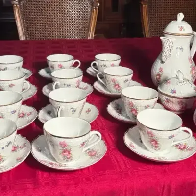 27-Pc Rare Hutschenreuther Dresden Moss Rose Porcelain Tea Set - Germany LHS Mark