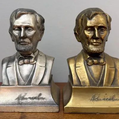 Vintage Cast Metal Abraham Lincoln Bust Bookends Gold Brass & Silver Patina Pair