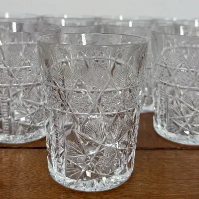 11 Piece Vintage Heavy Cut Crystal Tumblers Rock Glasses Hobstar Fan 