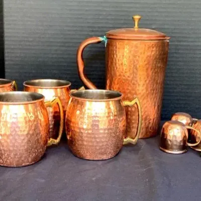 Hammered Copper Pitcher & Mugs