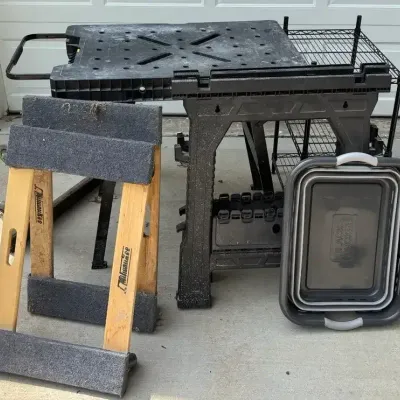 Dewalt Work Top, 2 Plastic Saw Horses, Black Wire Rack, 3 Furniture Movers 