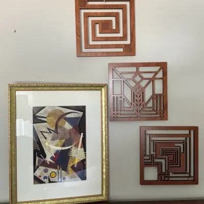3 Wood Frank Lloyd Wright Trivets & Kadinsky Framed & Matted Print 