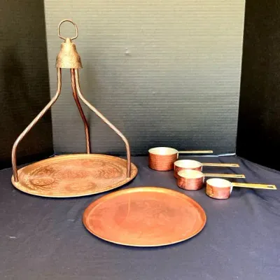 Ottoman Turkish Coffee and Tea Serving Tray, Copper Measuring Cups, & Copper Serving Tray