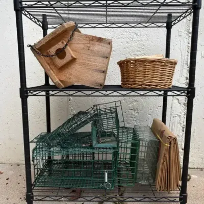 Birdfeeders, Food and Metal Storage Shelf 