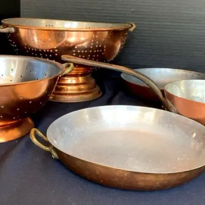 Copper Strainers, Pot, & Skillets