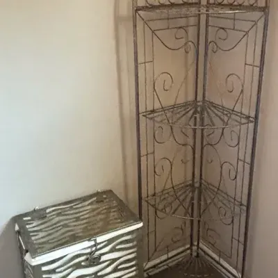 Metal Corner Bakers Rack and Metal Laundry or Storage Bin