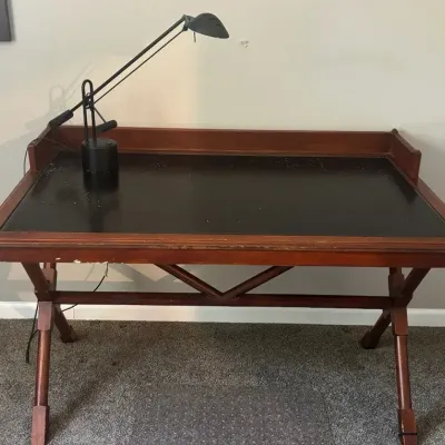 Wood Writing Desk with Faux Leather Top and Desk Lamp