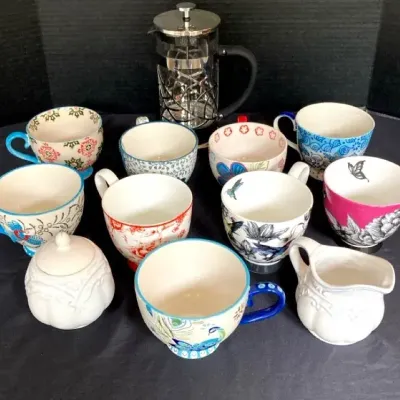 Dutch Wax By Coastline Imports Hand Painted Mugs, French Press, & French Provincial Cream/Sugar