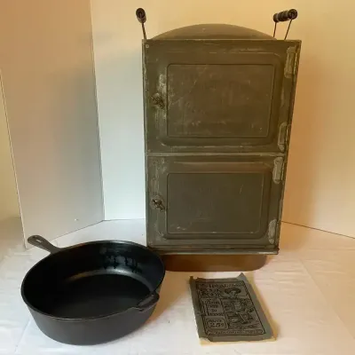Antique “Ideal” Toledo Steam Cooker w/ Cookbook, and  Decorative Cast Iron Pan