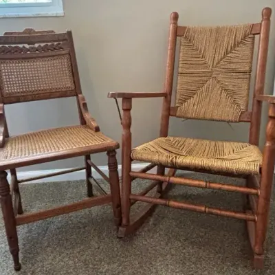 Wooden Rocker With Woven Back And Seat, Carved Wood Chair With Cane Back And Seat
