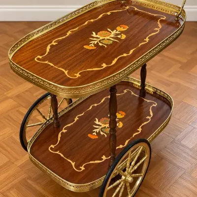Italian Inlaid Wood Two Tier Serving Tea Cart