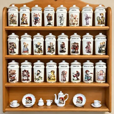 M.J. Hummel Spice Jar Collection On Wooden Display Rack & Miniatures