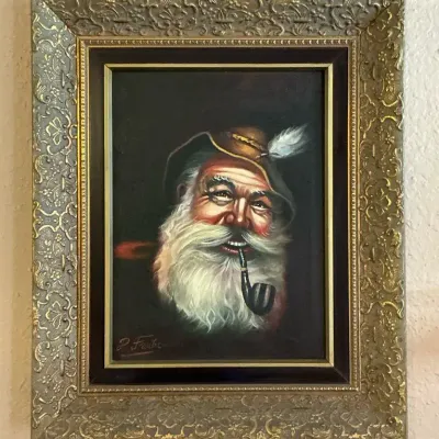 P. Franke Signed Original Oil on Canvas Bearded Man with Pipe Portrait
