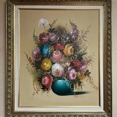 Milk Ross Floral Still Life Original Painting in Ornate Gold Frame