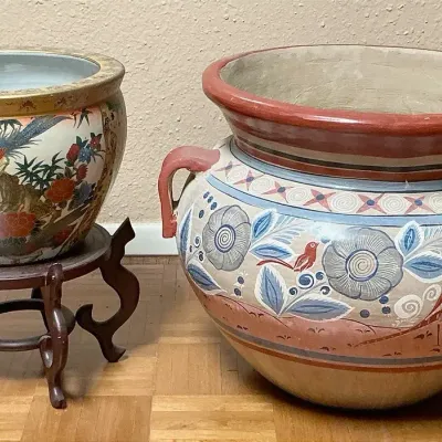 Asian Inspired Hand Painted Ceramic Planter & Mexican Folk Art Pot