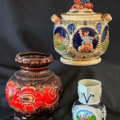 German Pottery Collection Relief Rhine Wine Jar, Floral, & Würzburg Vase