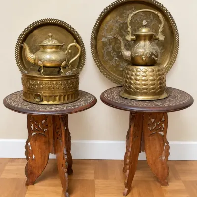Middle Eastern Brass Tea Sets with Hand Carved Folding Tables