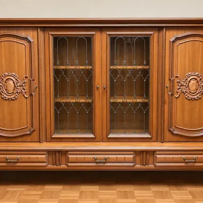 Ornate Carved Wood Display Cabinet Hutch with Leaded Glass Doors 