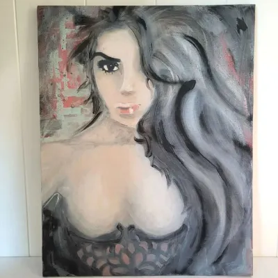 FTH449 Enigmatic Stylized Large Portrait Art - Original Painting Signed by Artist, 2017