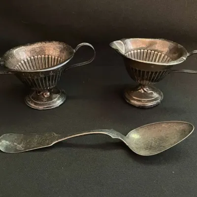 Antique Coin Silver Spoon, Weighted Sterling Creamer, and Unweighted Hollow Base Sugar Bowl