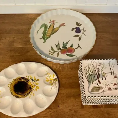 Vintage Royal Worcester Evesham Porcelain Dish, Ganz Egg Platter, and Italian Ceramic 6" Plates 