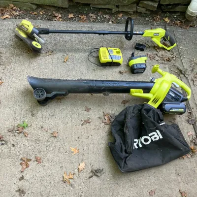 Ryobi 18V Cordless String Trimmer and Ryobi 40V Vac Attack Cordless Leaf Vacuum/Mulcher