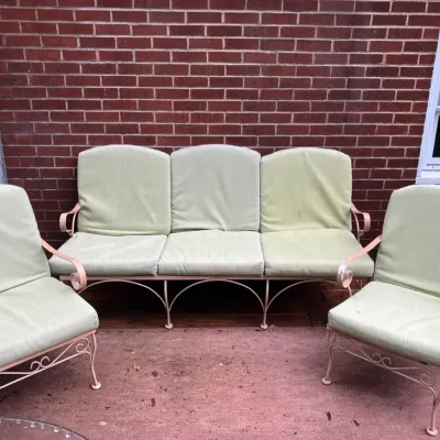 2 Wrought Iron Armchairs and Sofa with Cushions