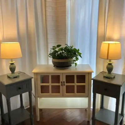 2 Door Cabinet and Small Tables with Lamps and Decorative Planter