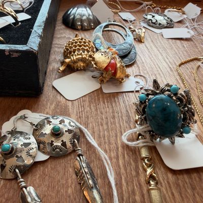 Turquoise statement ring, turtle brooch, concho earrings