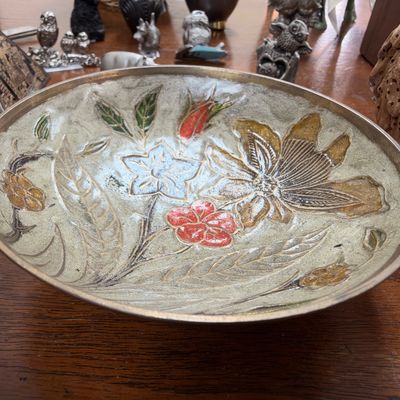 Etched enameled brass bowl, floral design