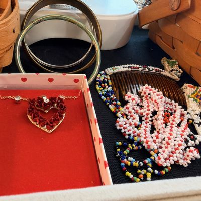 Red rhinestone heart pendant, beaded necklaces, hair comb