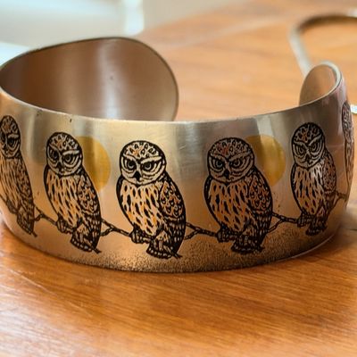 Etched owl cuff bracelet, silver tone