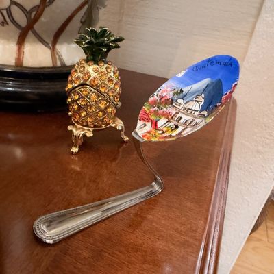 Jeweled pineapple trinket box and souvenir spoon