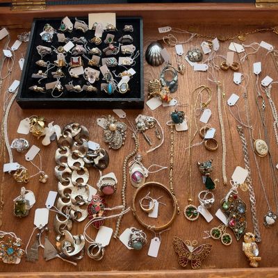 Jewelry display tray with rings, earrings and necklaces