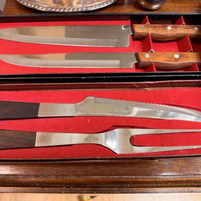 Boxed carving knife and fork set, wood handles