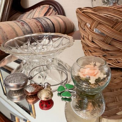 Cut crystal candy dish, glass rose globe, tea infuser