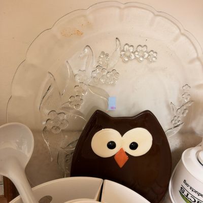 Pressed glass floral platter and ceramic owl