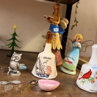 Souvenir porcelain bells, angel figurine, pewter owl